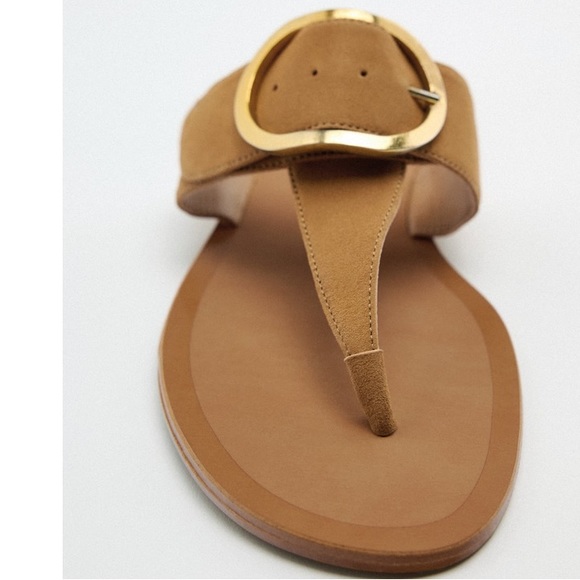 ZARA NEW WOMAN BUCKLED LEATHER FLAT THONG SANDALS EARTH BROWN 10/41 2605/010 - Picture 2 of 10